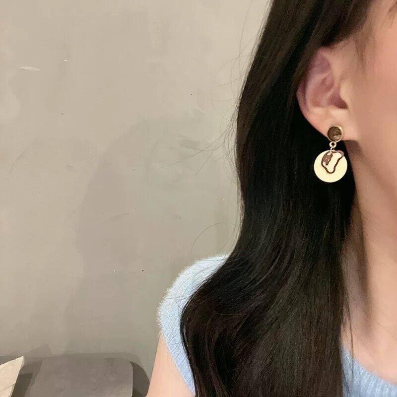 S925 Silver Needle Love Bear Asymmetric Earring Tea Color New Sweet in Tide Needle Female ear Clip