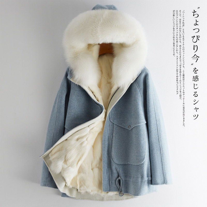 Grapefruit 2021 new cashmere double face, woman hat fox fur liner leather straw jacket short Cocoon Type overcomes