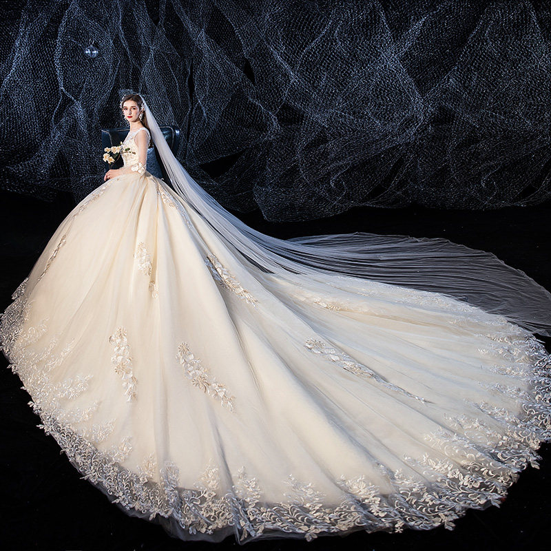 Main wedding dress 2021 new Korean bridal wedding champagne color long trailing one-shoulder long sleeves Mori tied to the starry sky