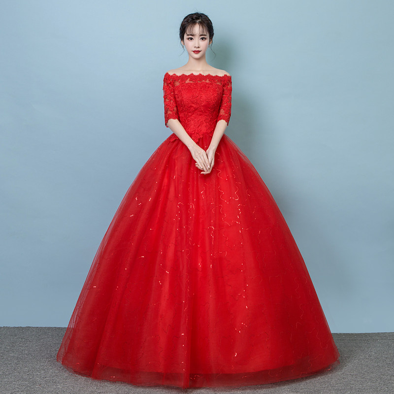 One-word shoulder wedding dress Qi slim slim lace large size Korean red bride spring 2021 new female