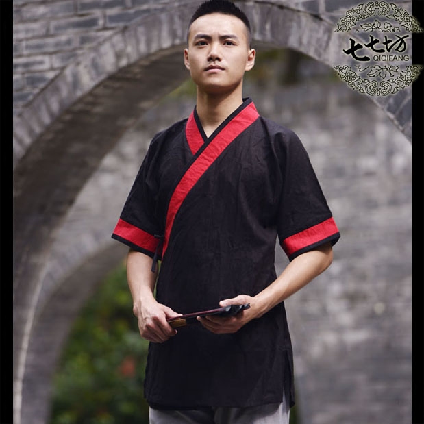 ◆七奇坊◆漢服、中国文化、武術、夏の禅、十字襟、茶色の袖のトップス、中国風、国民的トレンド、黒と赤、綿と麻