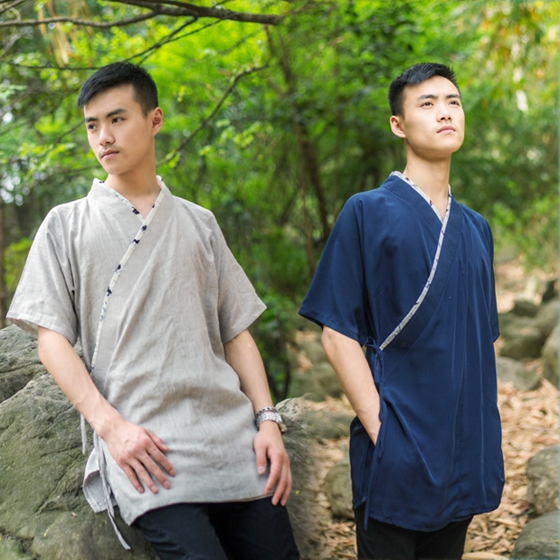 七奇坊漢服の要素漢雲夏服禅コットンリネンブラウンクロスカラー半袖メンズトップス中国風シャツ