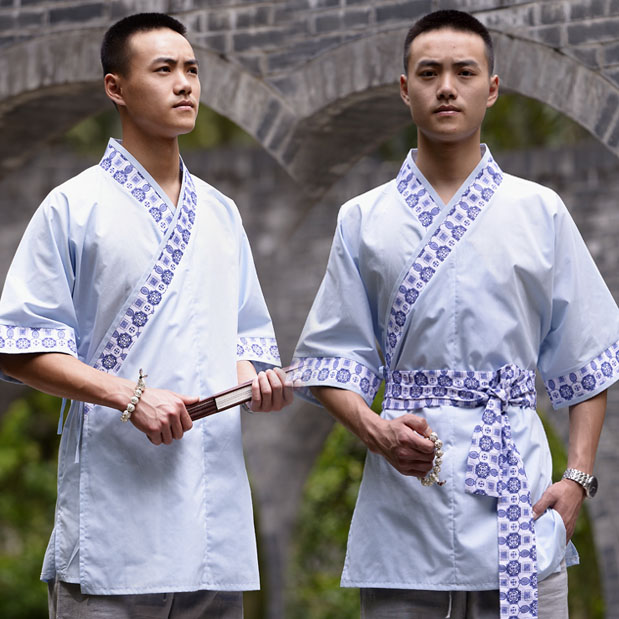 七奇坊漢服中国風民族風の民族流行の武術の夏の禅の薄い綿の茶色の十字襟半袖トップス