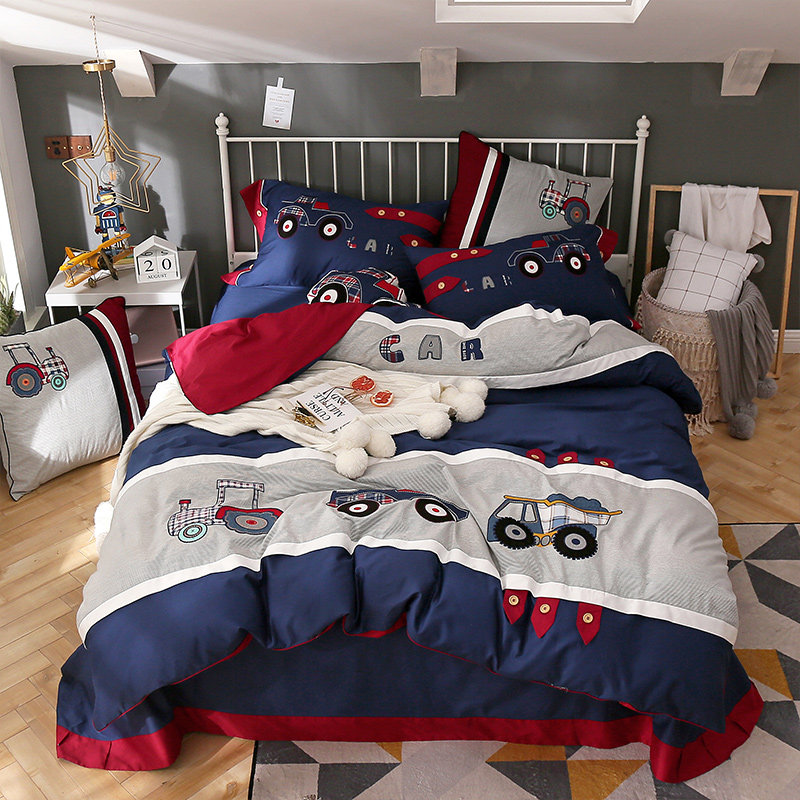 Four seasons new cotton children's embroidered bedding skin-friendly cotton cartoon bed single type three or four-piece set boy car