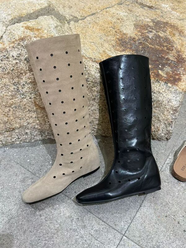 9009-10 French-Style Perforated Long Boots for Women, 2026 New Model, Low Heel, Round Toe, Suede Slip-On Riding Boots