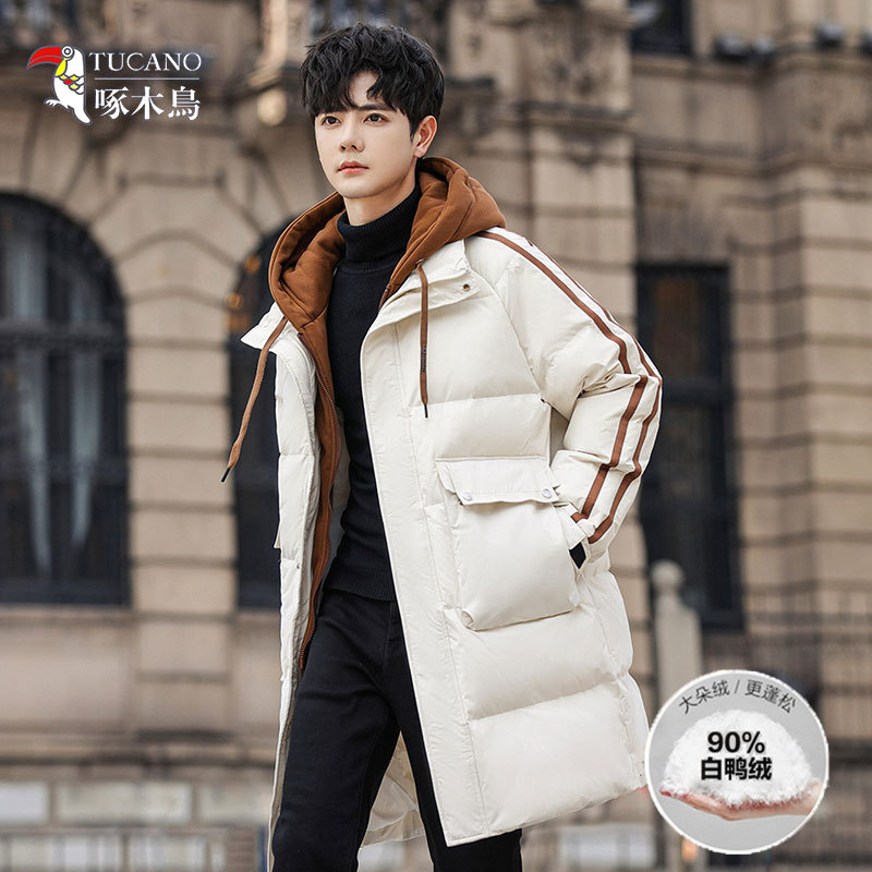 Woodpecker Men's down Jacket Winter Thickened Mid-Length High-End Over-The-Knee Workwear White Duck down Youth Coat Trendy
