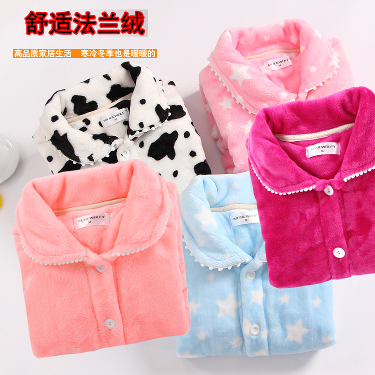 Winter flannel home wear pajamas women's long sleeve one-piece top double-sided velvet thickened coral velvet cardigan