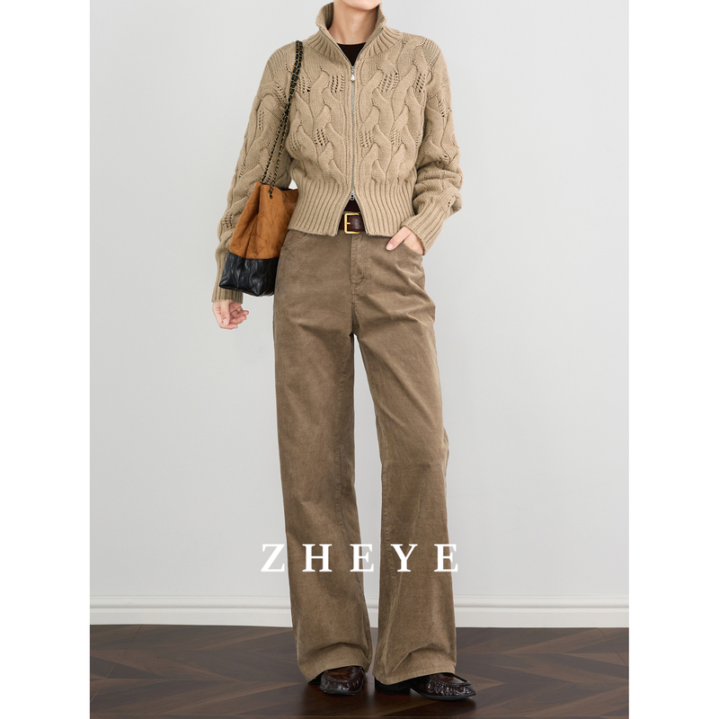 Zheye【Warm Card Aesthetics】Textured Khaki Corduroy Pants for Women, Autumn Lazy Style Straight-Leg Casual Pants