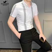 Fugui bird suit shirt male thin section ice silk design feeling small crowdstriped summer French style Japanese pendants with middle sleeve mens clothing