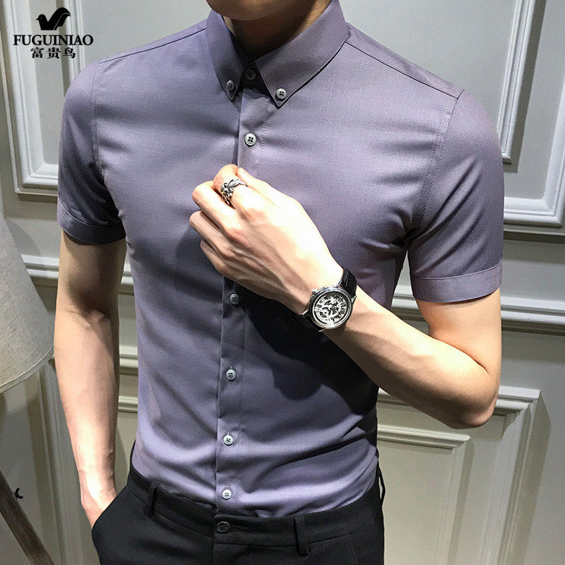 Lucky Bird Shirt Men's Short Sleeve Design Sense Small Summer New Fashion Casual Half Sleeve Solid Color Slim Fit Free Ironing Tide