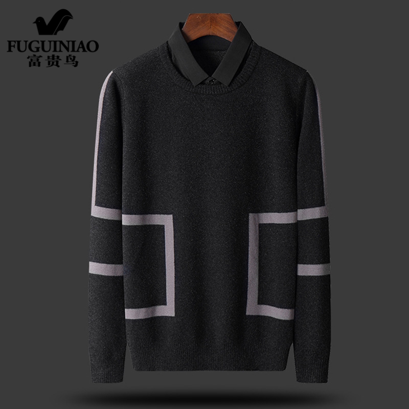 Sweater men's autumn winter break two shirts collar plus suede thickened black-knit weaselwear big size for a business casual