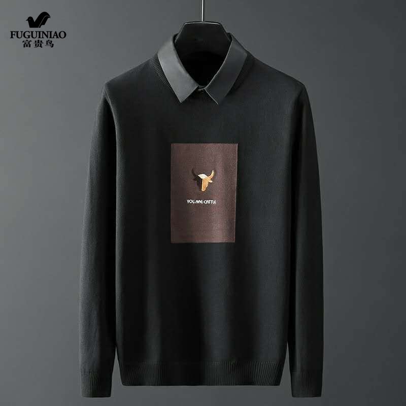 Fugui bird sweater men's fake two autumn and winter trends embroidery cover headshirt collar bottom knit jersey men's wave