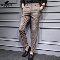 Rich Guido 9 Sub-pants Spring and Autumn thin section Double plexant Plaid Pituality Straight Cylinder Light Pu Superior Sense Male Pants Tide