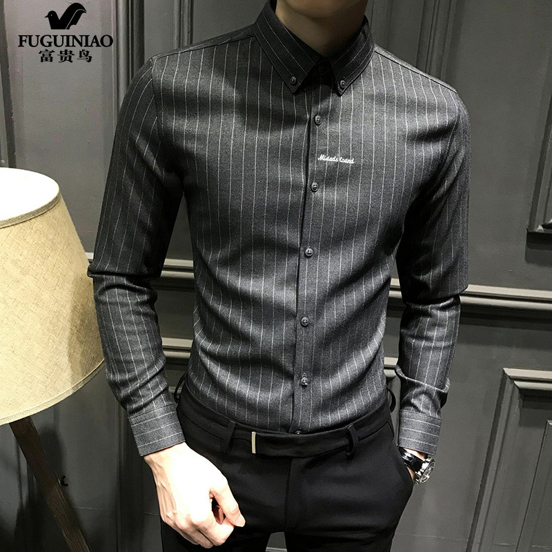 Rich bird vertical striped shirt men's long-sleeved winter Korean version trend handsome slim embroidery shirt men's plus velvet to keep warm