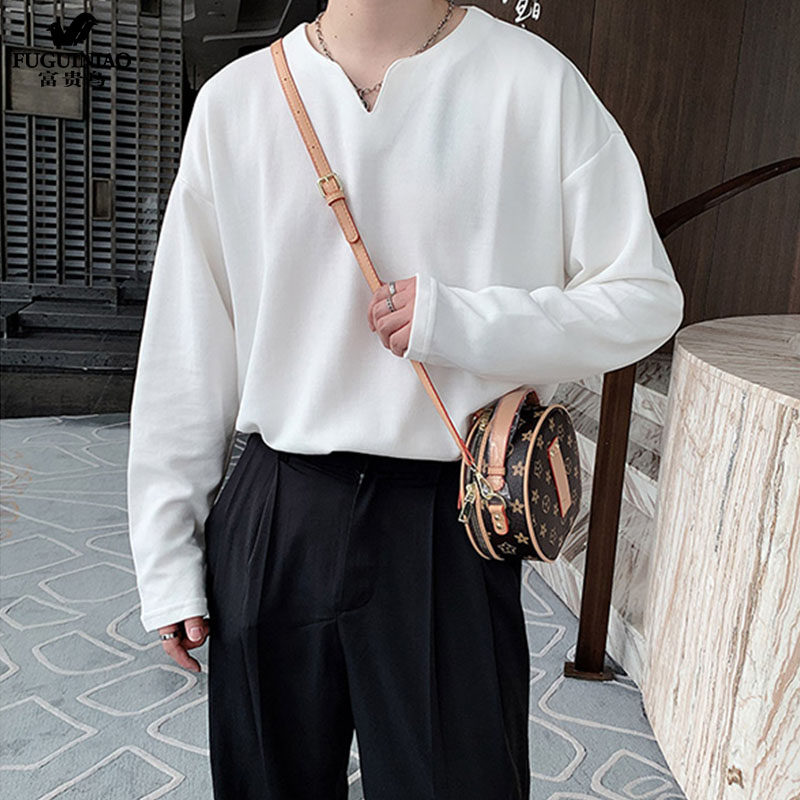 Fugui bird long sleeve T-shirt male summer slim fit pure cotton pure color loose 2021 Spring autumn season new ice silk men's clothing