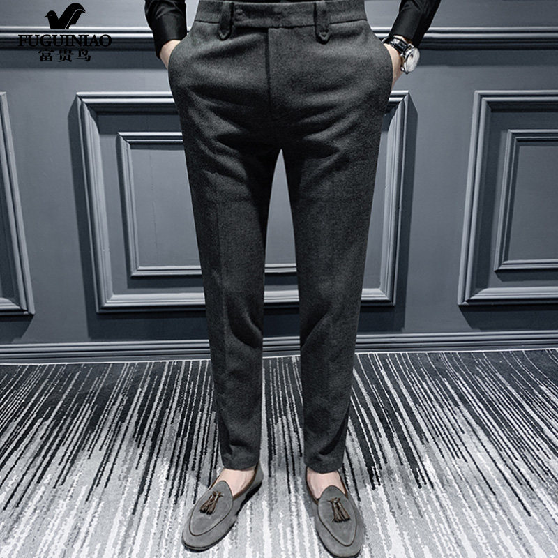Rich bird casual pants men's slim feet 2021 new British trousers plus velvet handsome men's business trousers tide