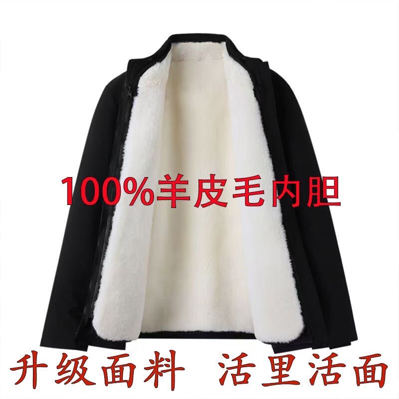 Sheepskin Integrated Coat for Middle-Aged and Elderly People, Lamb Wool Lining, Thickened Hooded Leather Jacket, Pure Sheep Wool Cotton Jacket for Men