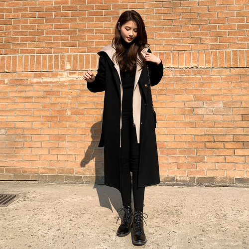 Черный двусторонний кашемировый длинный зимний комплект, шерстяное пальто, средней длины, 2024 года, в корейском стиле
