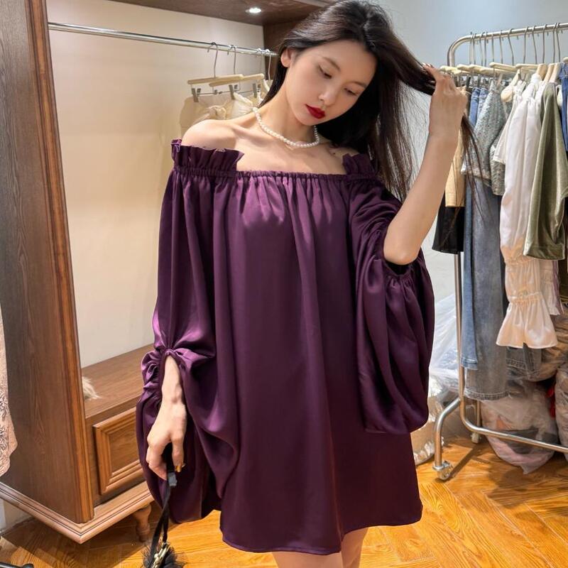 Bright and Radiant, Super Beautiful Socialite-Style Satin Tube Top One-Shoulder Summer Dress, Off-Shoulder Retro Sexy Short Dress