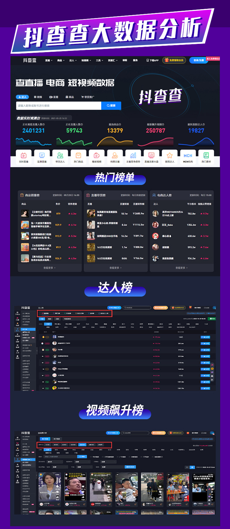 抖查查、飞瓜、灰豚、考古加，手机直充