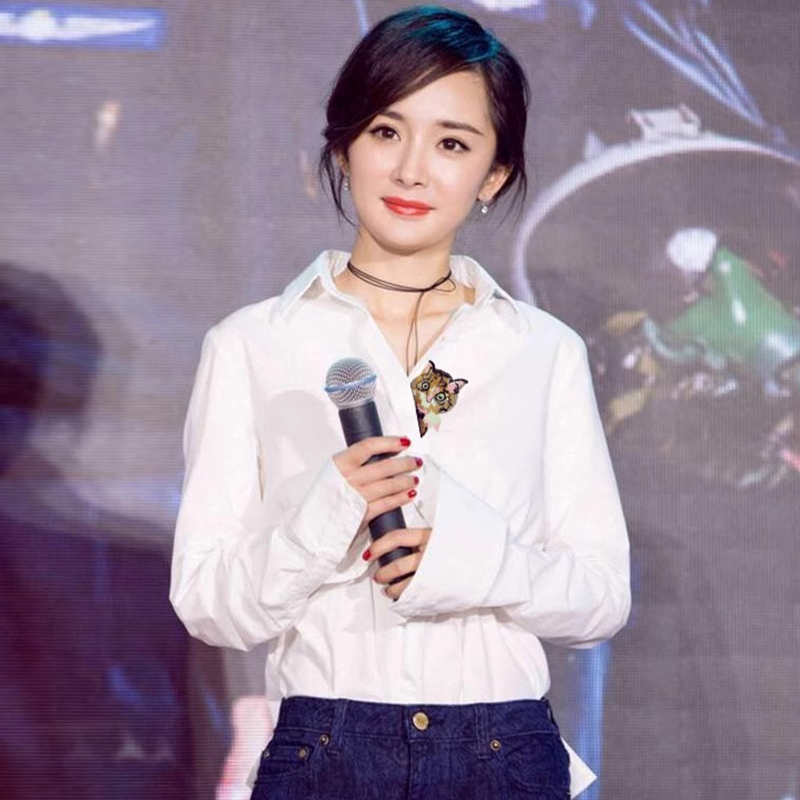 [Same Style as in Shopping Malls] 2025 Spring/Summer New Style White Pure Cotton Long-Sleeved Shirt with Cat Embroidery for Women 5300862