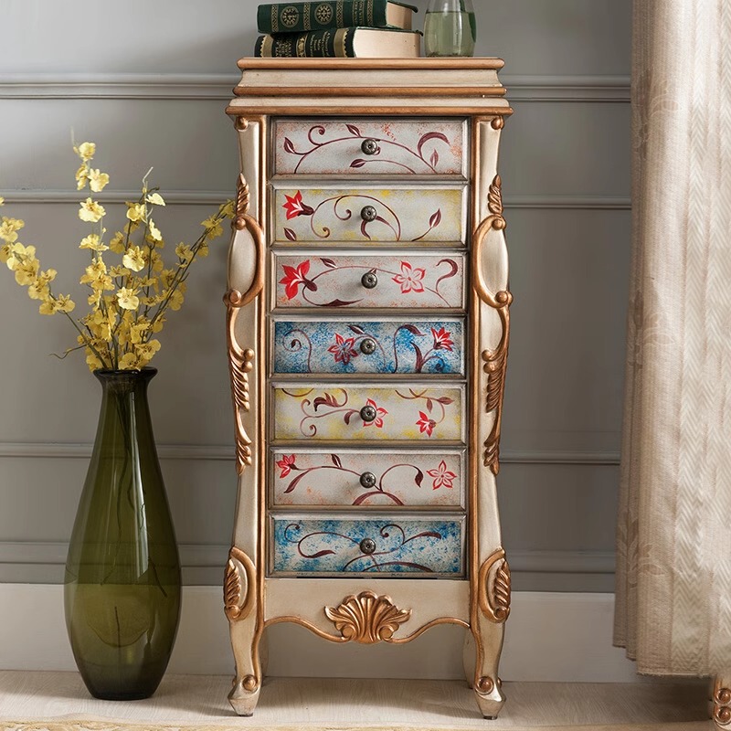 American Retro Dressing Table, Painted Drawer Cabinet, Jewelry Cabinet, Bedroom Solid Wood Drawer Storage Cabinet with Mirror, Makeup Cabinet