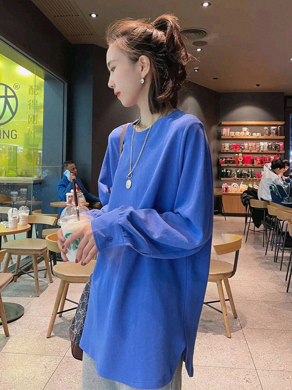 Pure Cotton Mid-Length Base Shirt for Women, Loose Fit, Tummy-Covering Design, Klein Blue Long-Sleeve T-Shirt Top for Spring and Autumn