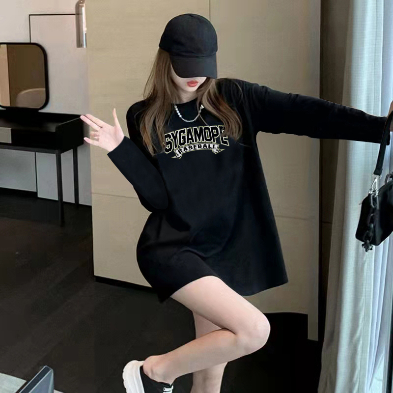 Black Mid-Length Loose-Fitting Base Shirt for Women, Spring Season, Pure Cotton, Fashionable European Style, Plus-Size Long-Sleeve T-Shirt Top for Women