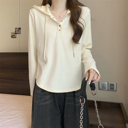 Shoulder Hooded Long sleeves Sweatshirt Base Shirt Women's 2024 New arrival Fall and winter pure cotton Plus size Slim Looking European Short Tops