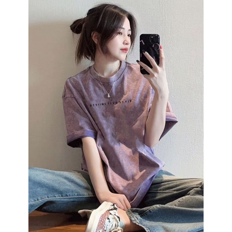 Pure Cotton Chic and Beautiful Short-Sleeved T-Shirt for Women, Loose Casual Plus Size Niche Washed Purple Top, Trendy Summer T-Shirt