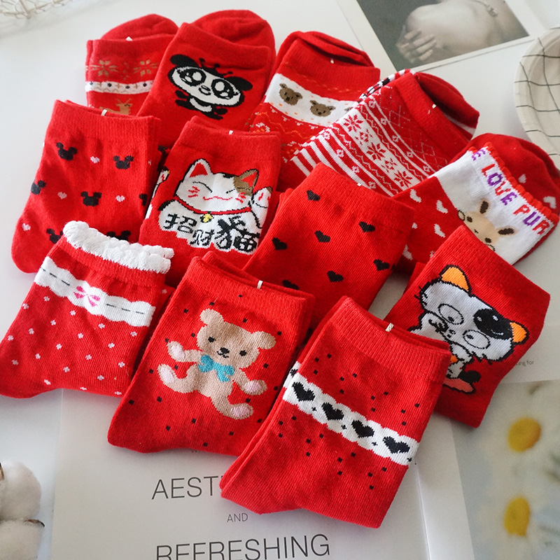 New Year's Year Tiger's Year of the Year Christmas Eve red lady All cotton socks Cute Cartoon Opener Red Midbarrel Socks Not To Fall