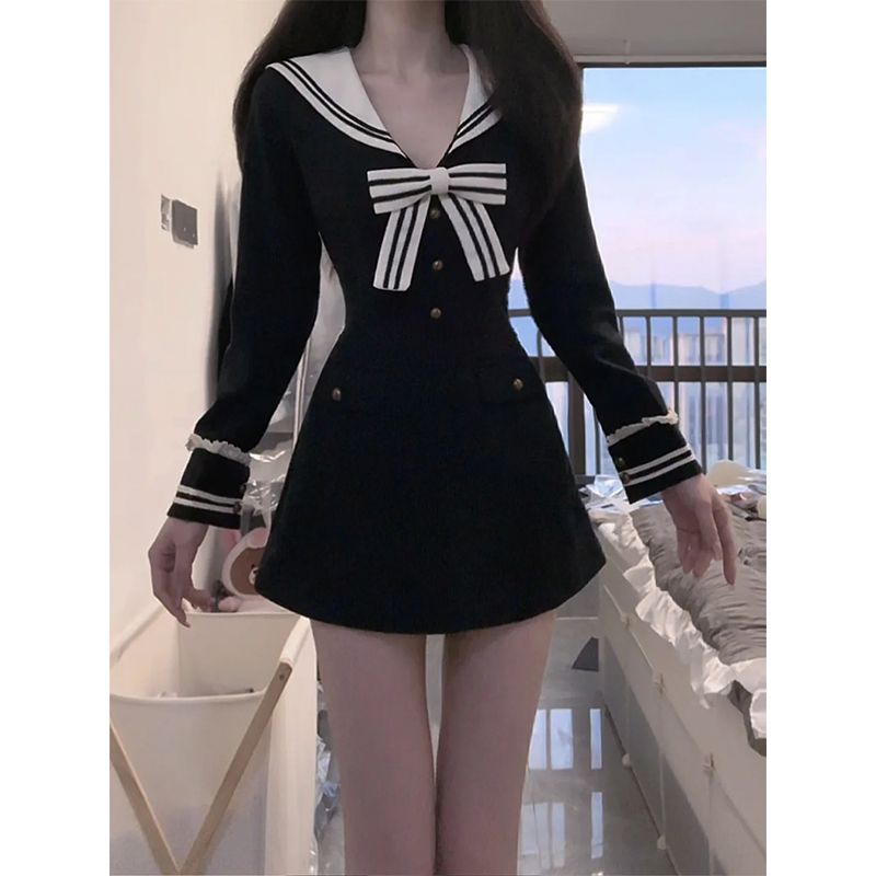Miu Miu Style Outfit, Preppy Navy Collar Dress for Women, Beautiful and Unique Waist-Cinching A-Line Short Dress for Spring and Autumn