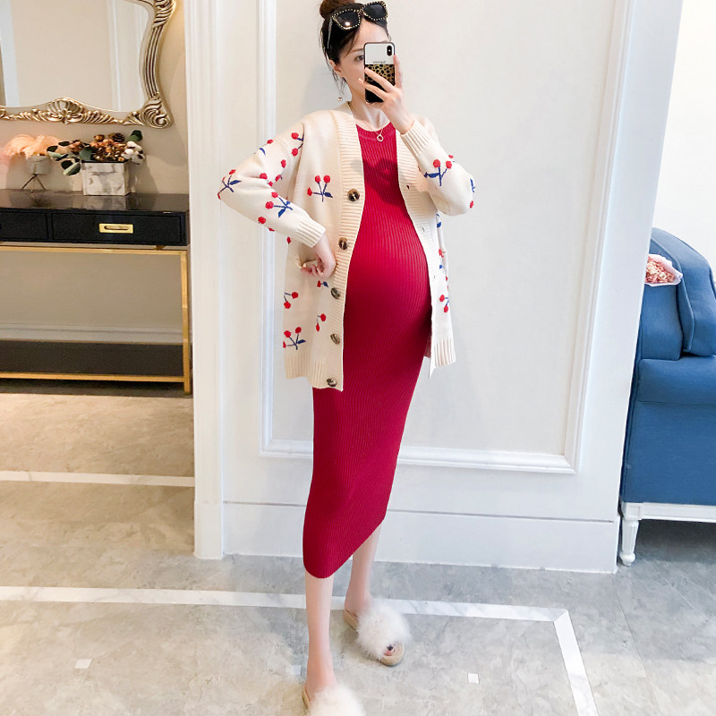 Pregnant Woman Fashion Suit Autumn winter cherry cardiovert sweaters Knitted Long Dress Two Sets Foreign Pie of Autumn Pregnancy Maternity Dress