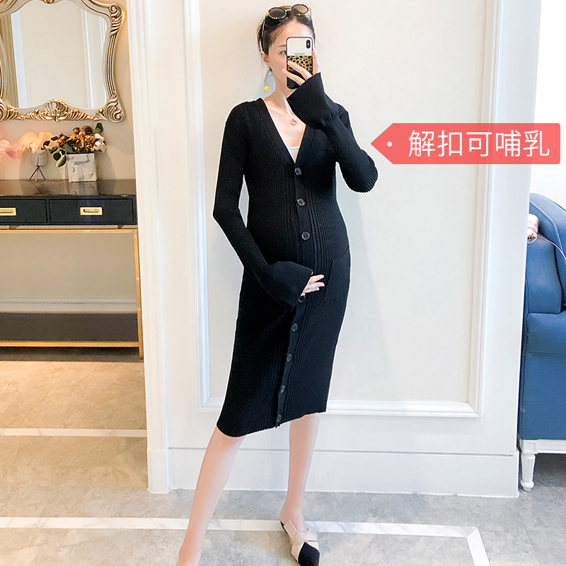 Pregnant women knitted dress autumn mid-length slim long-sleeved skirt simple solid color breastfeeding autumn bottoming sweater