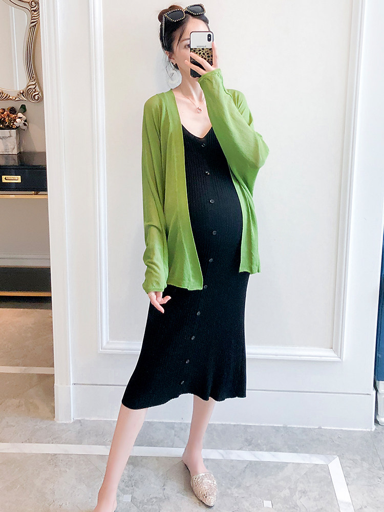 Maternity Fashion Suit Summer Style Thin Knitted Dress Cardigan Two-piece Set Summer Sunscreen Trendy Maternity Dress