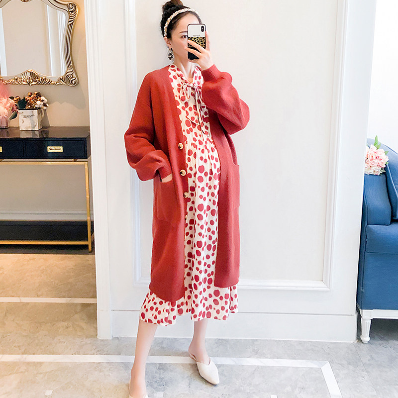 Pregnant Woman Spring Clothing Suit Fashion style Temperament Spring Autumn Out Knit Cardiovert Dress Spring Foreign Pie Pregnancy Two Sets