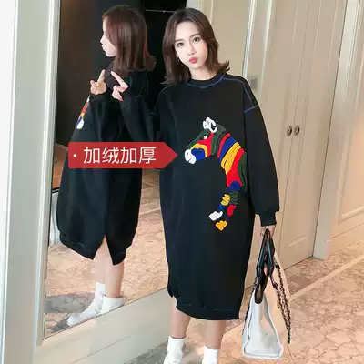 Pregnant women plus velvet sweater autumn and winter long version loose thick dress fashion tide mom Autumn Korean cartoon coat