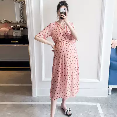 Pregnant women nursing dress summer fashion vneck high waist slim chiffon skirt long version knee half sleeve long skirt