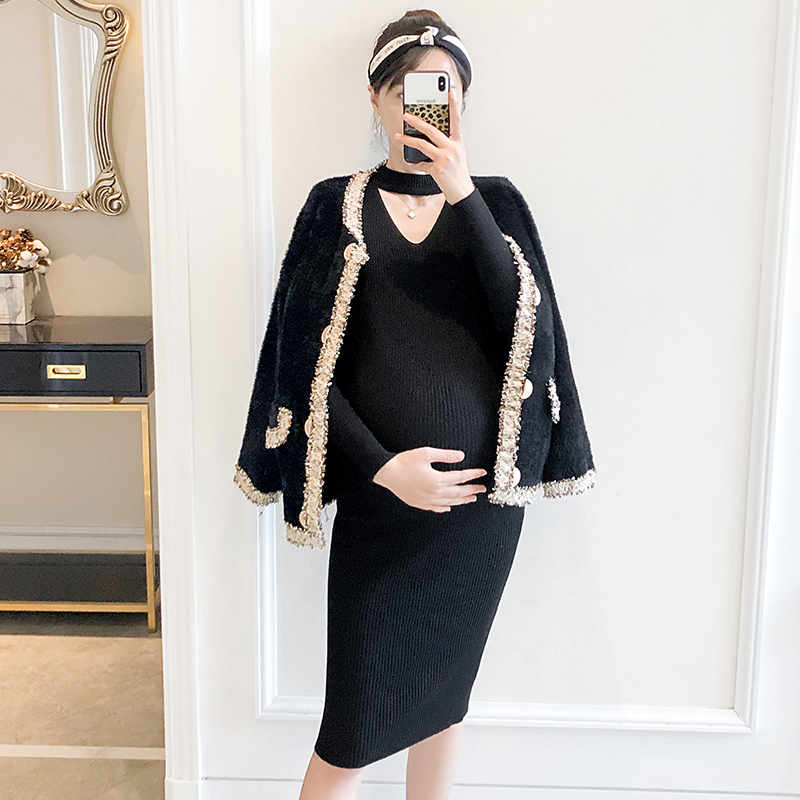 Pregnant Woman Fashion Suit Temperament Small Balsamic Wind Short Style Jacket Autumn Clothing V Collar Hollowed-out Knit Two-piece Dress Autumn
