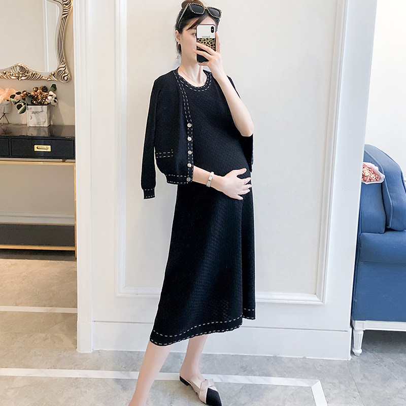 Pregnant women spring suit fashion small fragrance sweater vest dress two pieces of mom out early spring