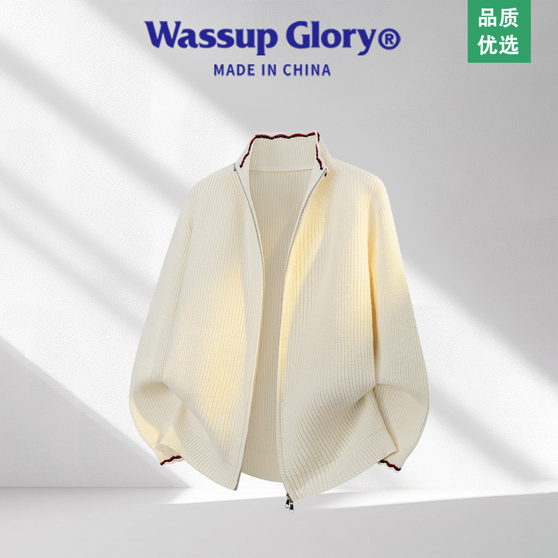 Wassup Glory Lazy Style Cardigan Sweater for Men in Autum Loose Casual Stand-Up Collar Knitwear Double Zipper Jacket