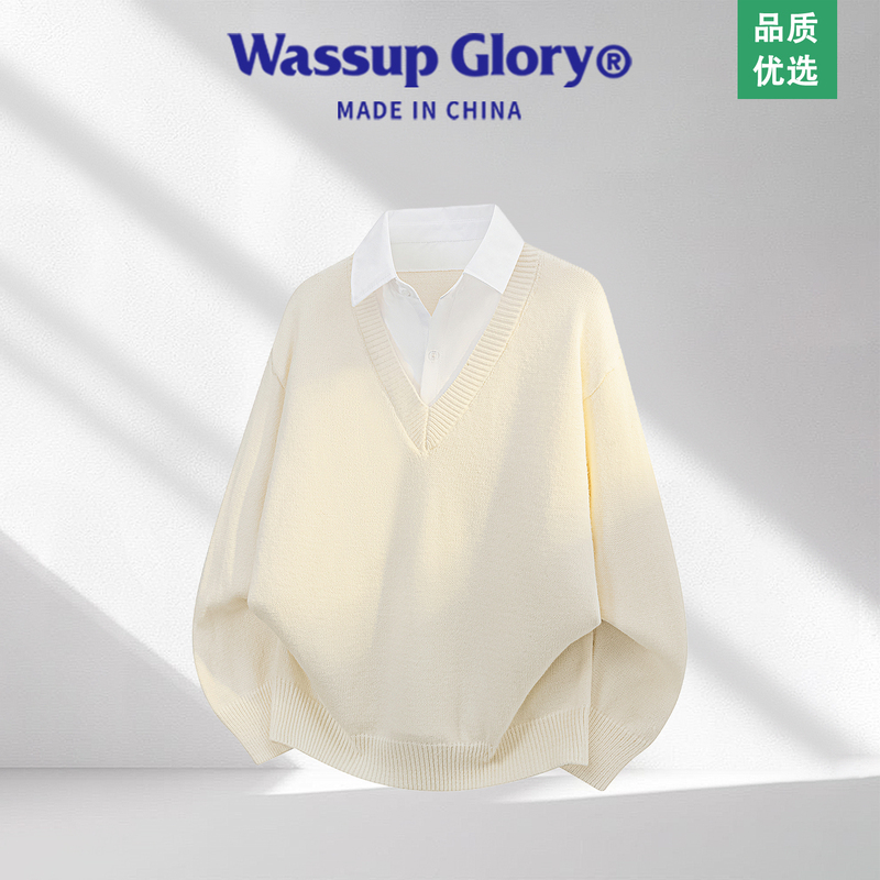 Wassup Glory Fake Two-Piece Sweater for Men, Autumn High-End Artistic Old Money Style Top with Shirt Collar Knitwear