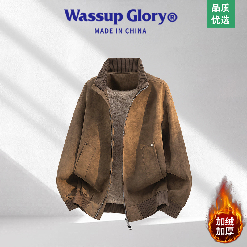 Wassup Glory Stand-Up Collar Leather Jacket for Men, Autumn and Winter, Fleece-Lined and Thickened, Baseball Jacket, Pilot Leather Jacket, Casual Coat