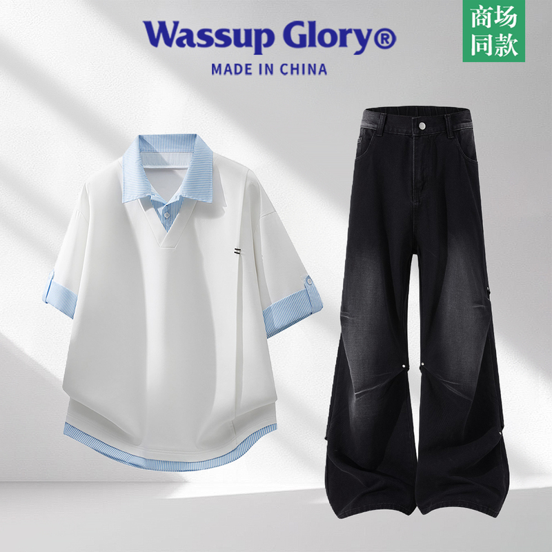 Wassup Glory Short-Sleeved Jeans Suit for Men, New Summer Outfit, Complete Set with a High-End Feel