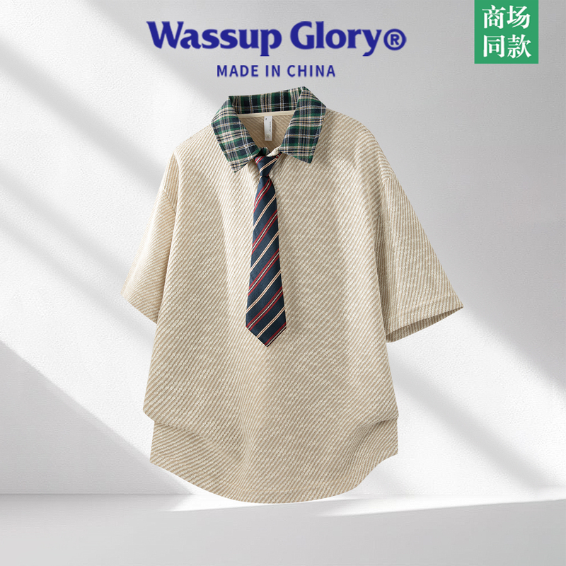Wassup Glory Preppy Style Polo Shirt for Men, Summer American Retro Lapel Short-Sleeve High-End Tie T-Shirt