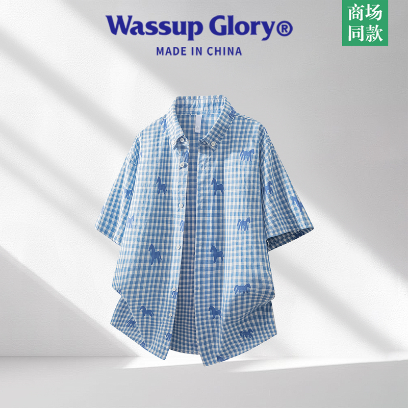 Wassup Glory Horse Pattern Printed Plaid Shirt Men's Summer Daily Loose Casual Short-Sleeved Shirt Trendy