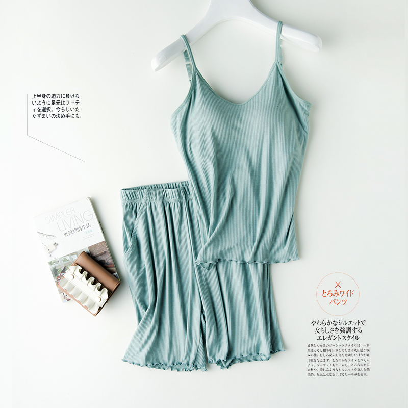 Threaded chest pad pajamas modal women's summer thin camisole shorts two-piece suit wear-free bra one-piece