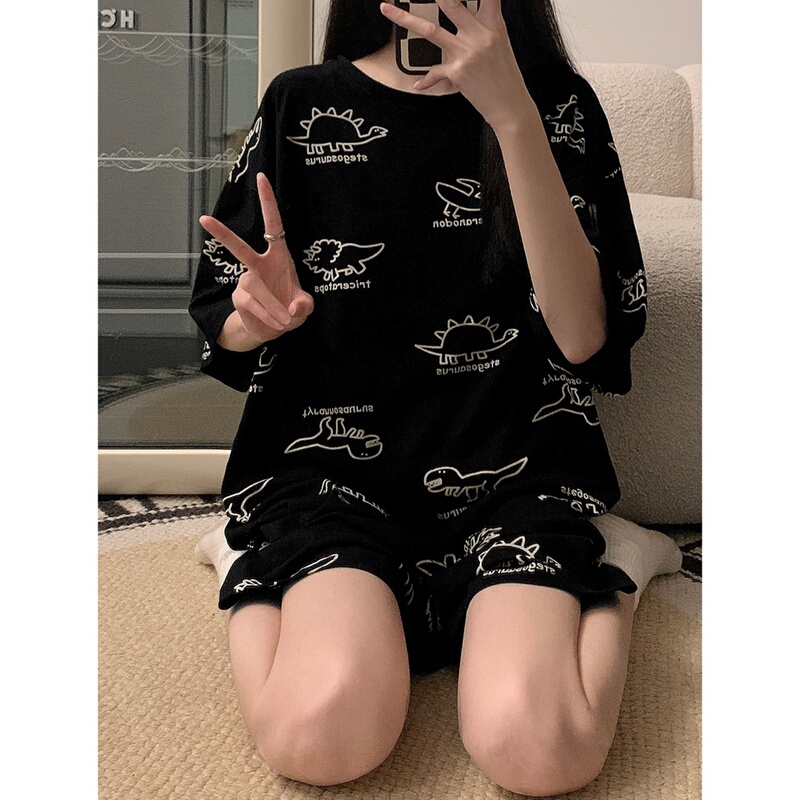 2025 New Black Dinosaur Pajamas for Men and Women, Summer Pure Cotton Short-Sleeved Cute ins Couple Home Wear Two-Piece Set 2025 New Black Dinosaur Pajamas for Men and Women, Summer Pure Cotton Short-Sleeved Cute ins Couple Home Wear Two-Piece Set