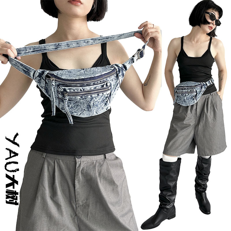 Yau Big Tree Denim Vintage Waist Bag for Mobile Phone, Fashionable, Lightweight, Versatile, Dual-Use Travel Small Bag