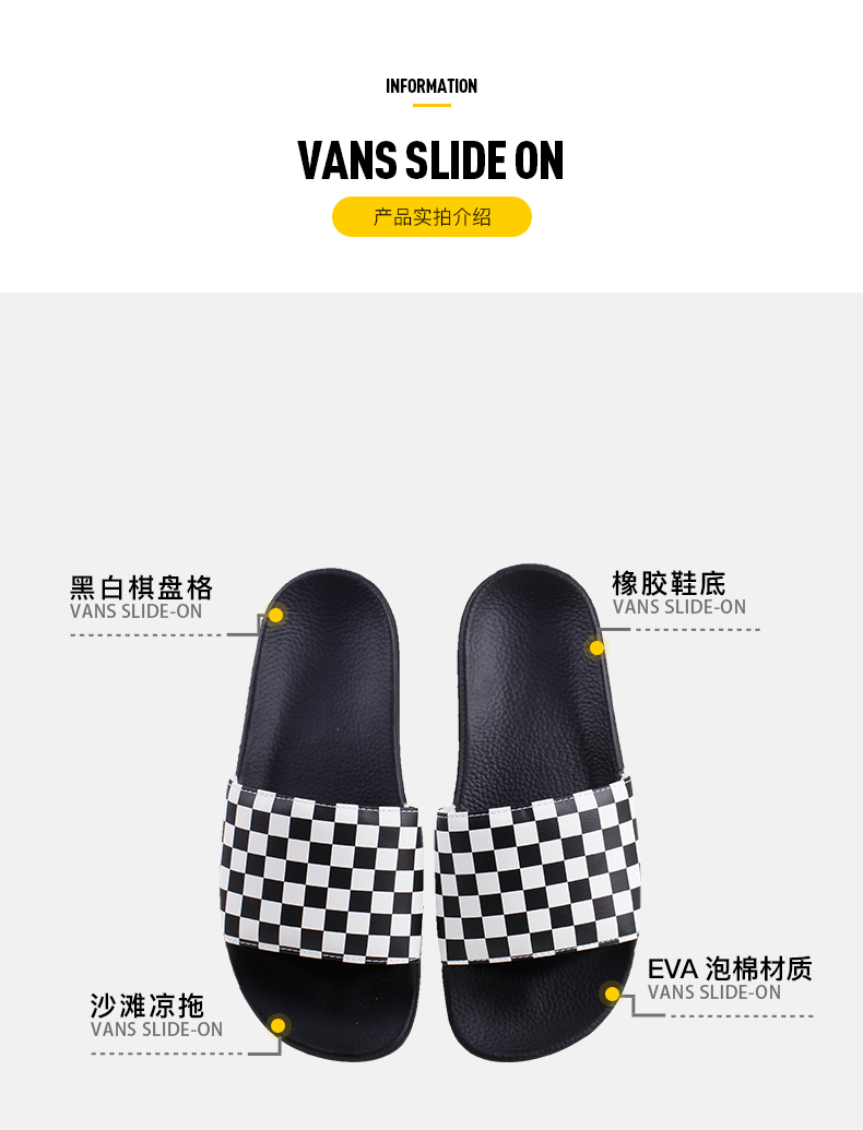 Vans Fans Slide-On Bàn cờ màu đen và trắng Giày nam Giày thể thao giản dị Beach Dép VN0004KIIP9 dép cá sấu